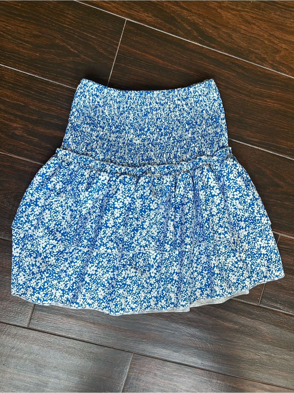 Blue and White Floral Smocked Mini Skirt